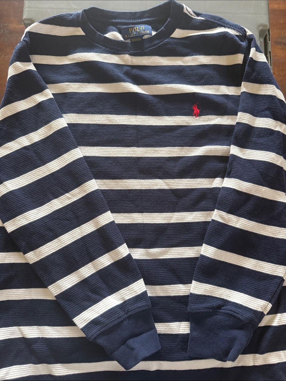 Polo by Ralph Lauren Navy and White Striped Crewneck Sweater with Red Pony
